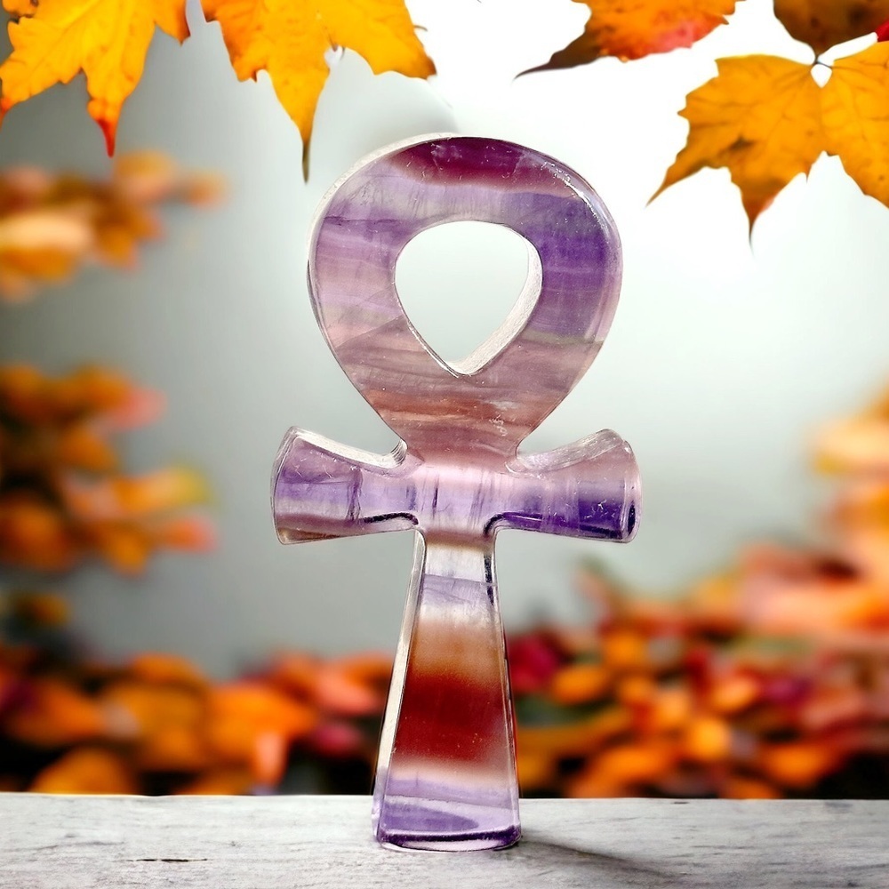 Large Rainbow Fluorite Hand Carved Egyptian Ankh Cross Gemstone Healing Crystal